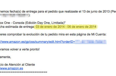 Mail de cambio de fecha en la entrega de Xbox One comprada en Amazon.