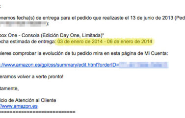Mail de cambio de fecha en la entrega de Xbox One comprada en Amazon.