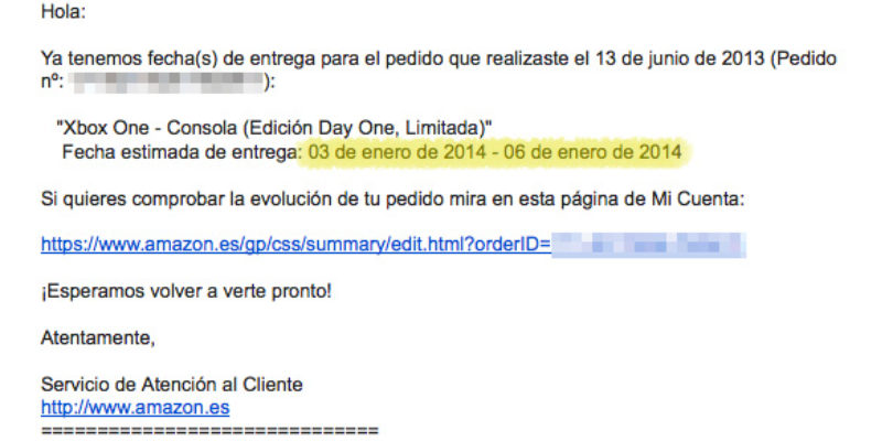 Mail de cambio de fecha en la entrega de Xbox One comprada en Amazon.