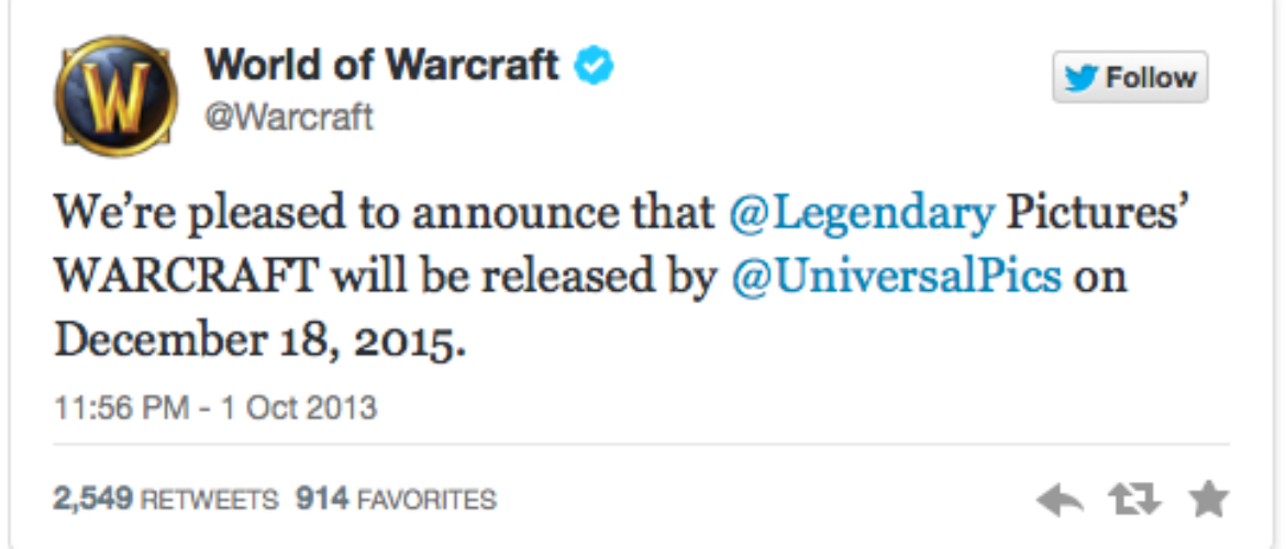 Tuit en la cuenta de World of Warcraft.