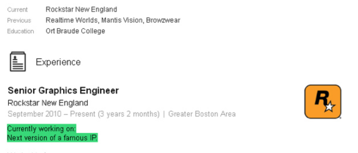 CV del ingeniero gráfico de Rockstar.