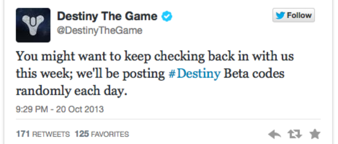 Tuit de Bungie sobre la beta de Destiny.