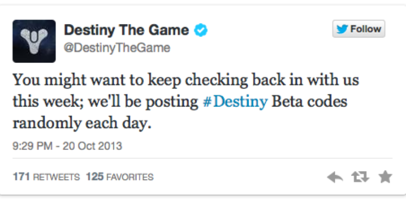 Tuit de Bungie sobre la beta de Destiny.